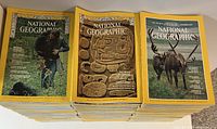 Stack of National Geographic magazines showing covers with a person and birds, an ancient carved stone artifact, and caribou.