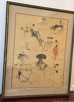 Full view of the framed watercolour sketch painting showing multiple sketches of figures and bulls, signature visible.