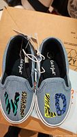 Top view of pair of blue canvas slip-on shoes with colorful WILD text on toes, size 6.