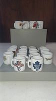 Front view of 21 miniature NHL mugs with team logos visible, placed in rows on a display platform.