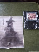 Full lot image including the witch canvas print and a sealed bag containing the Halloween light set.
