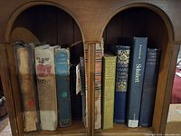 Bookshelf with eleven antique hardcover classic books showing titles and condition.
