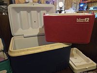 Large blue Igloo 48 quart cooler open beside the smaller red Igloo 12 quart cooler