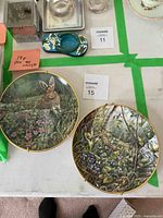 Two decorative ceramic plates with detailed nature scenes placed on a white cloth with green tape lines