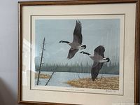 Framed print showing two Canada Geese flying over a marsh and lake with a forest background under a blue sky. Signed and dated 1979 by R. Fehr.