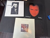Three vinyl album covers laid out on a dark surface: Sting's Nothing Like the Sun, Phil Collins' No Jacket Required, and Paul Simon's Graceland.