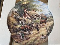 Front of the collector's plate showing detailed rural haymaking scene with horses, wagon, cottages, and figures.