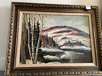 Front view of the framed oil on board painting showing a snowy landscape with birch trees and a hill.