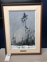 Full view of framed painting showing winter landscape and brass plaque