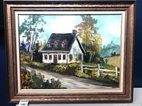 Frontal image of the framed oil painting showing the rural English cottage scene with road, fence, trees and sky.