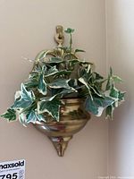 Photo showing one brass wall sconce mounted on wall, holding faux ivy foliage, polished brass surface and detailed shape visible