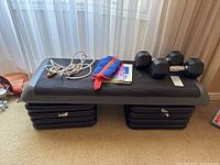 Photo showing adjustable height aerobic step bench, two hex dumbbells, jump rope, Everlast ankle weights, and fitness booklets on top of the bench.