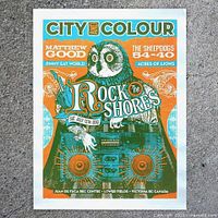 Photo of 2013 Rock The Shores concert festival poster with colorful owl holding a boombox illustration and band names