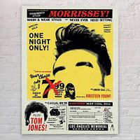 Photo showing the Morrissey with Tom Jones concert poster lithograph from 2014, with a vintage advertisement design and specified 18x24 inch size.