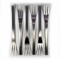 Top view of 6 stainless steel 3-tine forks arranged vertically showing fork tines and handles.