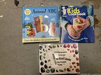 Photo showing Animal ABC book, Kids Cookbook by Pillsbury, and the National Geographic Minerals Advent Calendar packaged with illustrated rocks and minerals on the front.