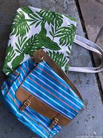 View of the two bags placed on a concrete surface showing the canvas tote with green leaf print and the Fossil striped bag with leather flap.