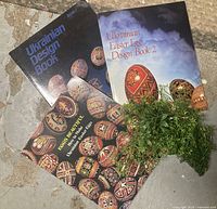 Three books about Ukrainian Easter egg design placed on stone surface with some greenery.