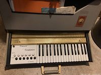 Front view of vintage Excelsior chord reed organ showing keyboard, control panel with buttons, gold grille, and carrying handle.