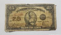 Front of 1923 Dominion of Canada 25 cent banknote with visible date and signatures