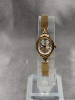 Full view of the vintage gold-tone Caravelle mechanical cocktail watch on display stand showing front, strap and overall shape.