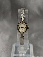 Front view of Hamilton ladies mechanical watch showing oval dial, gold-tone hour markers, and textured band.