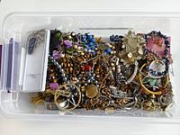 Photo showing the large plastic bin filled with various vintage costume jewelry items in mixed condition, including necklaces, pendants, and earclips.
