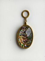 Front view of the oval locket showing the abalone shell with multi-colored iridescence and gold-tone metal frame with rope details.