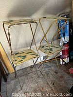 Front view of two TV dinner trays with metal frames and plastic tops featuring botanical pattern, showing patina and discoloration.
