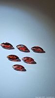 Seven marquis cut deep orange-red garnet gemstones arranged on a flat surface, showing facets and color.