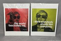 Two unframed printed self portrait prints by Andy Warhol in cellophane wrapper, one red background with text, one green.