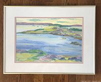Framed original watercolour painting signed by Gwen Reilly, showing coastal landscape scene with water, islands, boats, and houses under cloudy sky.