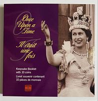 Photo of the keepsake booklet with 10 coins, showing cover with Queen Elizabeth II portrait and bilingual title.