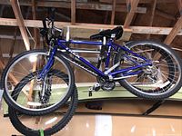 Full view of blue and black Trek mountain bike hanging inside a garage showing frame, wheels, and seat.