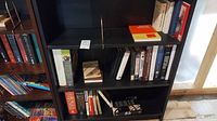 Black bookshelf with multiple books and wire bookend on middle shelf.
