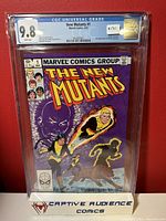 Front view of New Mutants #1 comic graded CGC 9.8 in protective slab with label showing grade and key details