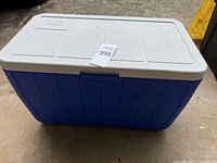 Exterior view of blue Coleman cooler with closed lid showing molded design and Coleman logo.