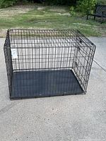 Full view of the metal folding dog crate with attached plastic bottom tray on pavement.