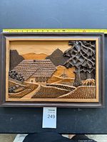 Full frontal view of the framed wooden carved relief showing the entire German countryside scene including farmhouse, trees, mountains, and animals with a measuring tape showing about 22 cm width.