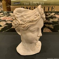 Front view of a cream-colored female head sculpture vase with detailed hair and floral accents on a dark surface with books in background.