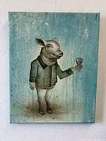 Front view of the oil painting depicting a pig in jacket holding wine glass on blue-green background.