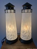 Frontal view of both lit lamps on surface