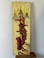 Front view of a vertical oil painting portraying Tibetan monks with umbrellas and temple silhouettes in the background, signed KWM.