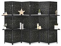 Full view of the fully extended 6-panel room divider with woven fiber panels and two long front display shelves holding decorative items and plants.