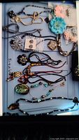 Top view of assorted necklaces, earrings, and pins arranged on a tray to show detail and variety.
