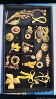 Full box view showing assorted gold-tone pins with floral and bow designs.