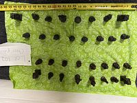 Top-down photo of all 32 chess pieces arranged on green cloth, including ruler showing approximately 21 inches wide for scale. Pieces are dark metal and varying heights.