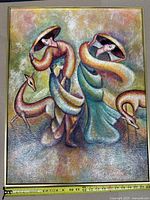 Full view of framed painting showing two dancers and animals, signed by artist, with vibrant colors and textured brushwork.