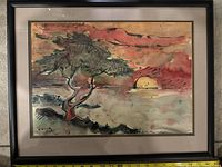 Overall view of framed watercolor painting showing composition