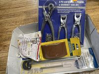 Showing the 3-piece leather hole punch and grommet tool kit, the rubber sander pad, and 3M particulate mask.